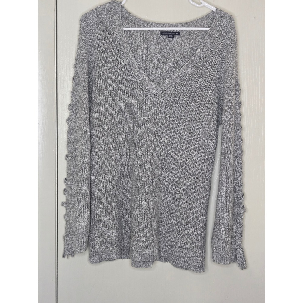 American Eagle Gray Marl V-Neck Sweater Women Small Lace Up Sleeve Knit Top